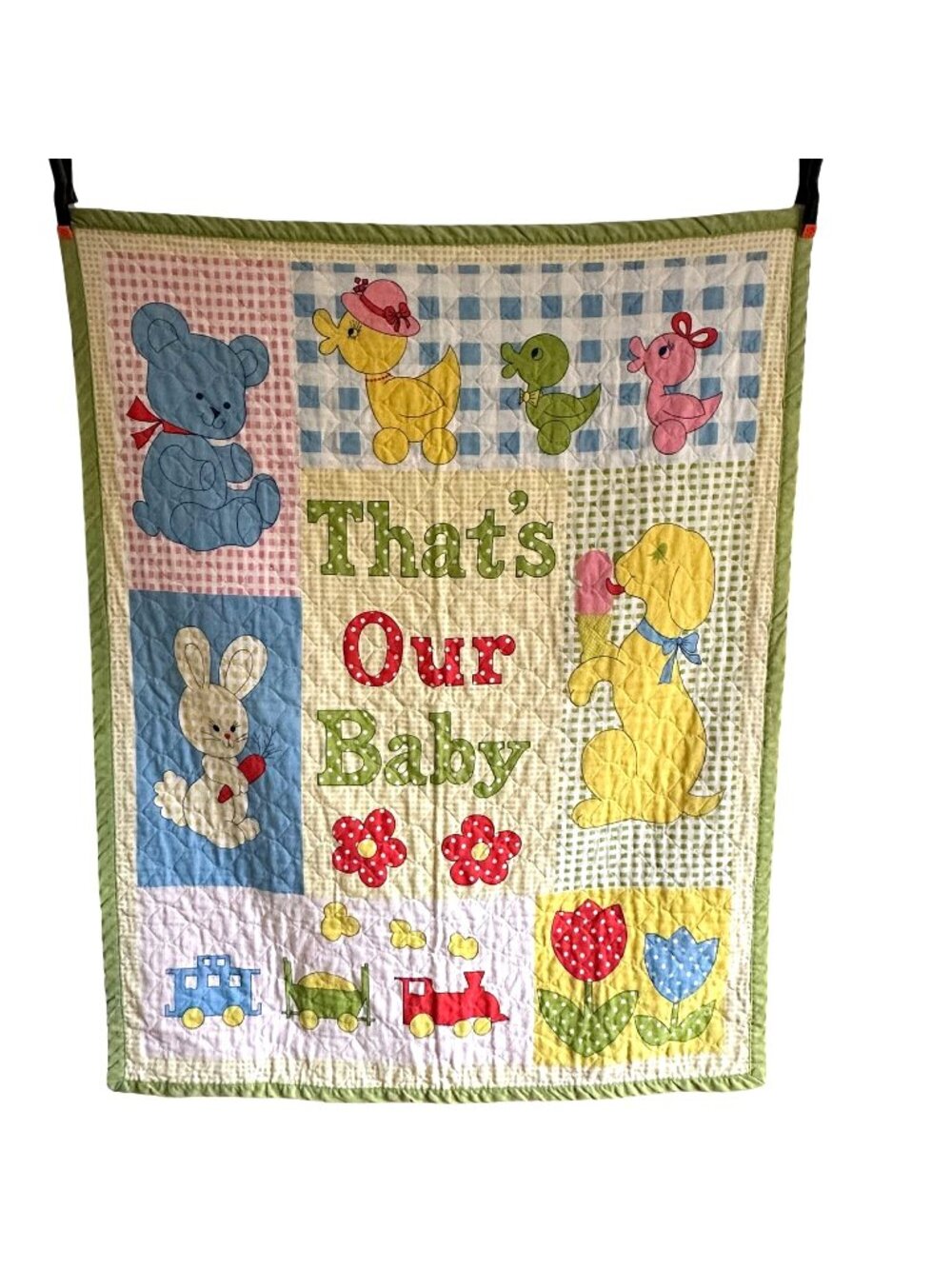 Vintage Thats Our Baby Handmade Quilted Baby Blanket Gingham Animals Unisex